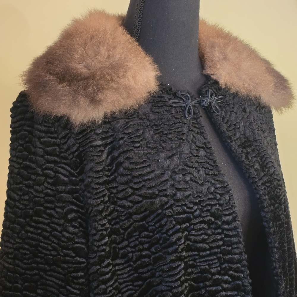 Black Faux Persian Lamb Cape With Faux Mink Collar